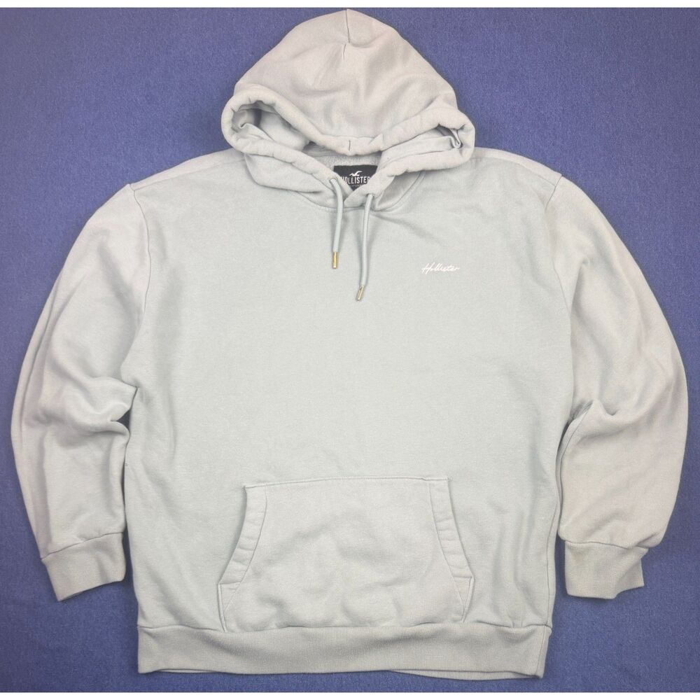 Hollister Men's Light Blue Pullover Hoodie Embroidered Logo Drawstring